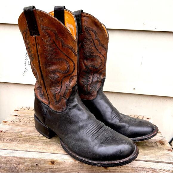Justin 9 1/2 EE black round toe leather sole western cowboy boots - Picture 1 of 9